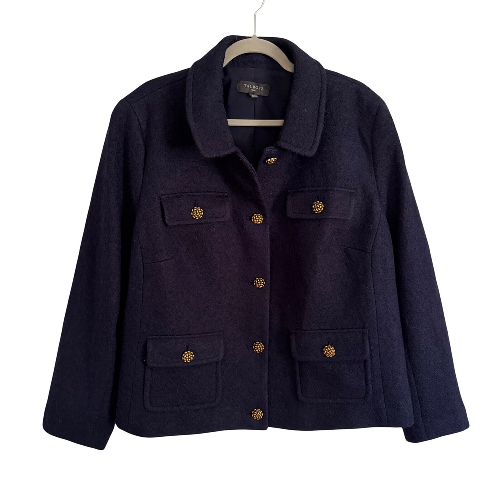 Talbots Plus Navy Blue Gold Wool Blend Blazer Jacket Size 20 Preppy Formal